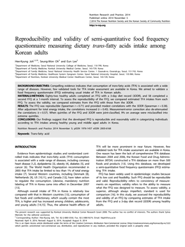 Reproducibility and Validity of Semi-Quantitative Food Frequency Questionnaire Measuring Dietary Trans-Fatty Acids Intake Among Korean Adults