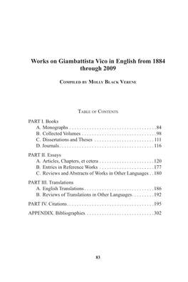 Works on Giambattista Vico in English from 1884 Through 2009