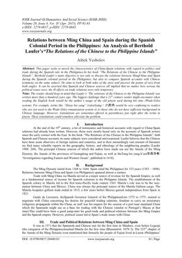 Relations Between Ming China and Spain During the Spanish Colonial Period in the Philippines