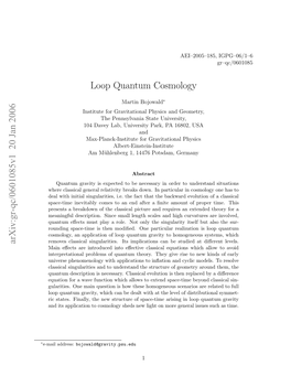 Arxiv:Gr-Qc/0601085V1 20 Jan 2006 Loop Quantum Cosmology