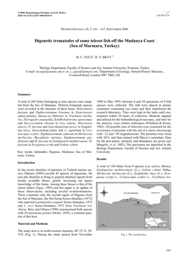 Digenetic Trematodes of Some Teleost Fish Off the Mudanya Coast (Sea of Marmara, Turkey)