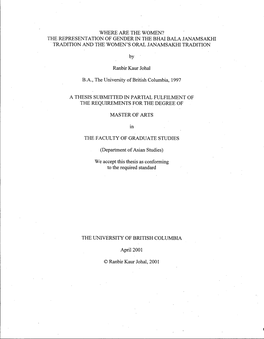 Where Are the Women? the Representation of Gender in the Bhai Bala Janamsakhi Tradition and the Women's Oral Janamsakhi Tradition