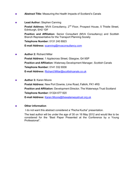 Abstract Title: Measuring the Health Impacts of Scotland's Canals