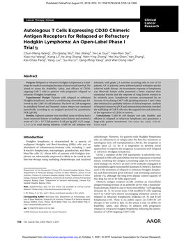 Autologous T Cells Expressing CD30 Chimeric Antigen Receptors For