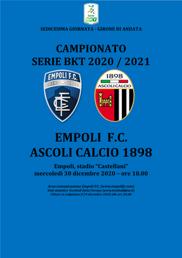CARTELLA STAMPA Empoli-Ascoli -16° Giornata Serie B