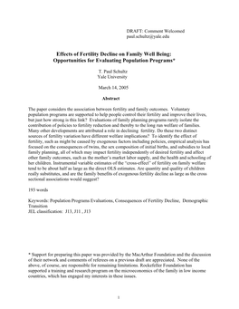 Effects of Fertility Decline on Family Well Being: Opportunities for Evaluating Population Programs*