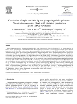 Correlation of Stylet Activities by the Glassy-Winged Sharpshooter, Homalodisca Coagulata (Say), with Electrical Penetration Graph (EPG) Waveforms