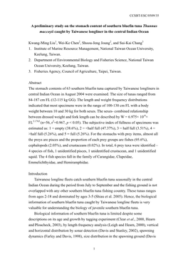 A Preliminary Study on the Stomach Content of Southern Bluefin Tuna Thunnus Maccoyii Caught by Taiwanese Longliner in the Central Indian Ocean