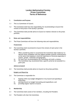 London Mathematical Society Prizes Committee Terms of Reference