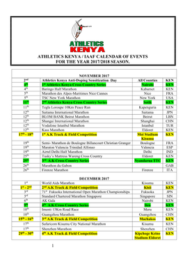 Athletics Kenya Calendar of Events 2017-2018