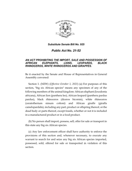 An Act Prohibiting the Import, Sale and Possession of African Elephants, Lions, Leopards, Black Rhinoceros, White Rhinoceros and Giraffes