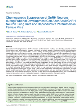 Chemogenetic Suppression of Gnrh Neurons During Pubertal Development Can Alter Adult Gnrh Neuron Firing Rate and Reproductive Parameters in Female Mice