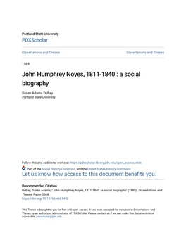 John Humphrey Noyes, 1811-1840 : a Social Biography