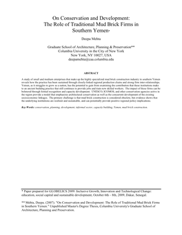 On Conservation and Development: the Role of Traditional Mud Brick Firms in Southern Yemen*