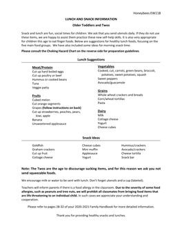 LUNCH and SNACK INFORMATION Older Toddlers and Twos