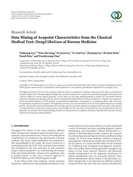 Research Article Data Mining of Acupoint Characteristics from the Classical Medical Text: Donguibogam of Korean Medicine