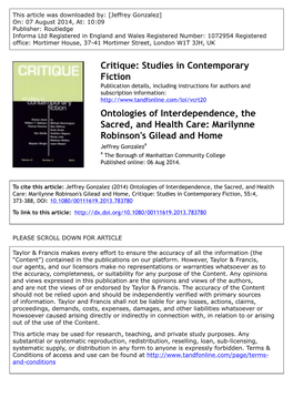 Marilynne Robinson's Gilead and Home Jeffrey Gonzaleza a the Borough of Manhattan Community College Published Online: 06 Aug 2014