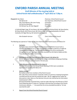 ENFORD PARISH ANNUAL MEETING Draft Minutes of the Meeting Held at Enford Parish Hall Onwednesday 3Rd April 2013 at 7.30P.M