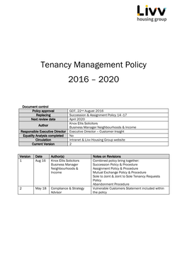 Tenancy Management Policy 2016 – 2020
