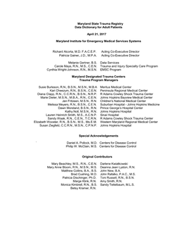 Maryland State Trauma Registry Data Dictionary for Adult Patients April 21