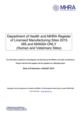 Department of Health and MHRA Register of Licensed Manufacturing Sites 2015 MS and MANSA ONLY (Human and Veterinary Sites)