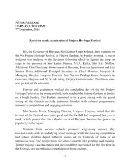 PRESS RELEASE HARYANA TOURISM 7 December, 2014