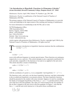 “An Introduction to Hyperbolic Functions in Elementary Calculus” Jerome Rosenthal, Broward Community College, Pompano Beach, FL 33063