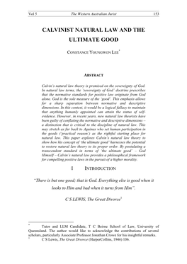 Calvinist Natural Law and the Ultimate Good