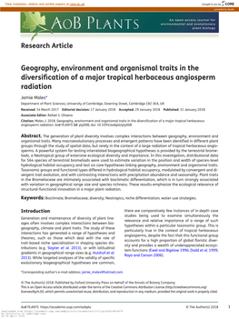 Geography, Environment and Organismal Traits in the Diversification of a Major Tropical Herbaceous Angiosperm Radiation