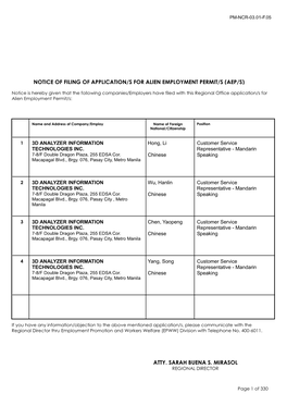 Notice of Filing of Application/S for Alien Employment Permit/S (Aep/S)