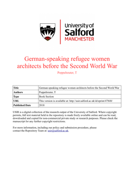 German-Speaking Refugee Women Architects Before the Second World War Poppelreuter, T