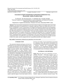 Assessment of Soil Contamination in Patancheru Industrial Area, Hyderabad, Andhra Pradesh, India