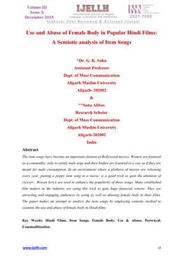 Use and Abuse of Female Body in Popular Hindi Films: a Semiotic Analysis of Item Songs