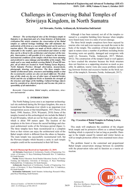 Challenges in Conserving Bahal Temples of Sri-Wijaya Kingdom, In