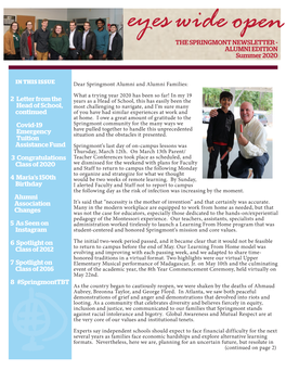 Eyes Wide Open the SPRINGMONT NEWSLETTER - ALUMNI EDITION Summer 2020