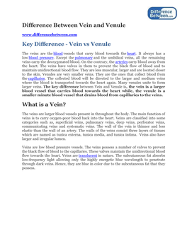 Difference Between Vein and Venule Key Difference - Vein Vs Venule