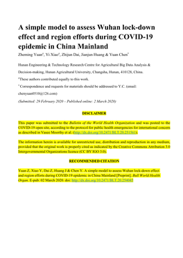 A Simple Model to Assess Wuhan Lock-Down Effect and Region Efforts