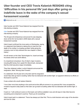 Uber Founder and CEO Travis Kalanick RESIGNS