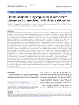 Plasma Lipidome Is Dysregulated in Alzheimer's Disease and Is