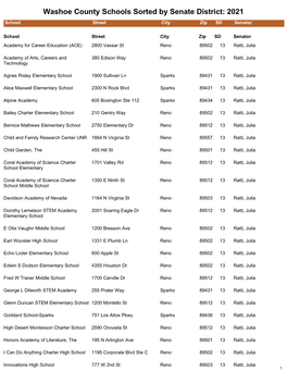 Washoe County Schools Sorted by Senate District: 2021