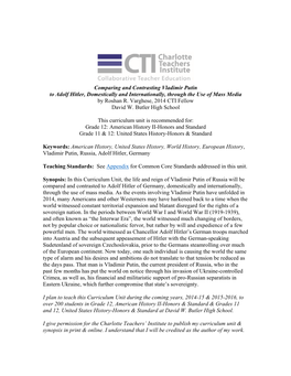 Comparing and Contrasting Vladimir Putin to Adolf Hitler, Domestically and Internationally, Through the Use of Mass Media by Roshan R