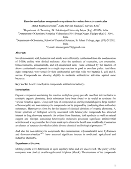 1 Reactive Methylene Compounds As Synthons for Various Bio Active