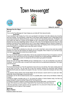 Message from the Mayor Hello All This Is My First Town Message and I Hope It Keeps You up to Date with Town News and Events
