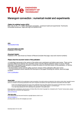 Marangoni Convection : Numerical Model and Experiments