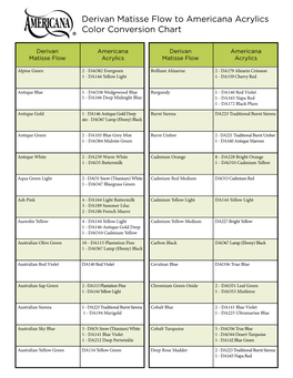 Derivan Matisse Flow to Americana Acrylics Color Conversion Chart