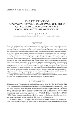 The Incidence of Carcinonemertes Carcinophila (Kolliker) on Some Decapod Crustaceans from the Scottish West Coast