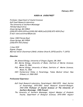 February 2011 ROBIN M. OVERSTREET Professor, Department of Coastal Sciences Gulf Coast Research Laboratory the University Of