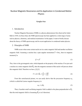 Nuclear Magnetic Resonance and Its Application in Condensed Matter Physics