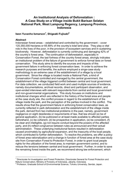 An Institutional Analysis of Deforestation : a Case Study on a Village Inside Bukit Barisan Selatan National Park, West Lampung Regency, Lampung Province, Indonesia