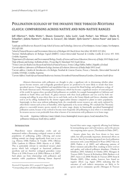 Pollination Ecology of the Invasive Tree Tobacco Nicotiana Glauca : Comparisons Across Native and Non -Native Ranges